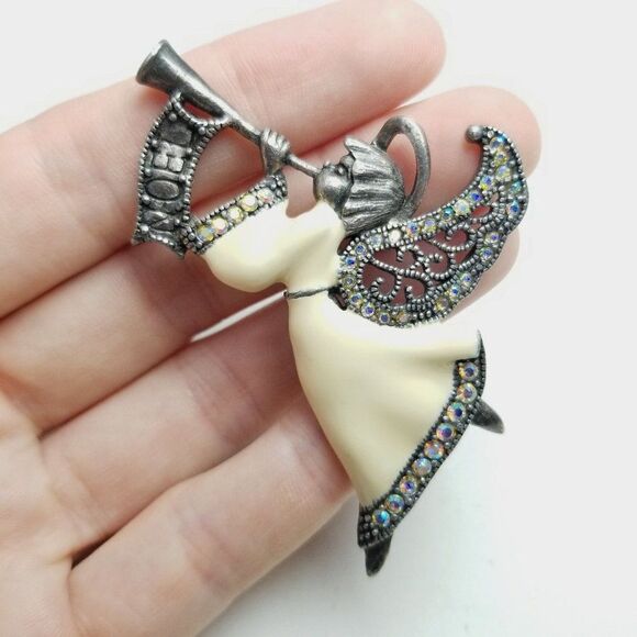 Vintage Angel with Trumpet Brooch, White Enamel Dress, Silver Tone Setting - Picture 2 of 6